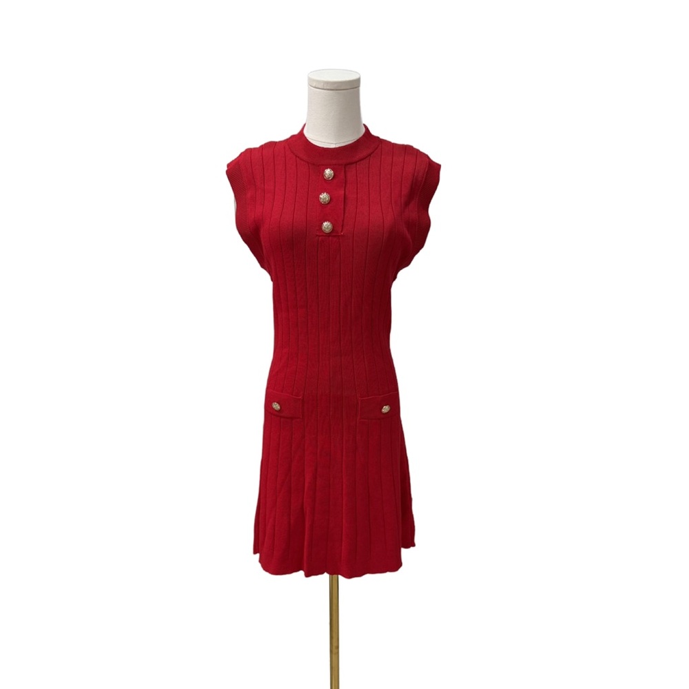 Red Sleeveless Knit Dress with Gold Buttons | Size M